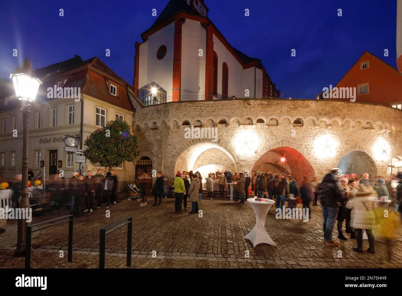 St. Augustine, city parish church, market, Christmas market, Advent, blue hour, Dettelbach, Franconia, Bavaria, Germany, Europe Stock Photo