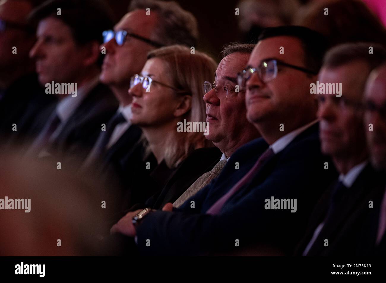 Essen, Germany. 10th Feb, 2023. Armin Laschet (CDU) sits in the audience at the ceremony. The celebration of the 150th 'Hügel anniversary' takes place at Villa Hügel in Essen. The highlight of the ceremony is the official opening of the transmedia real-time installation 'kontraste' by Federal President Steinmeier. Credit: Fabian Strauch/dpa/Alamy Live News Stock Photo