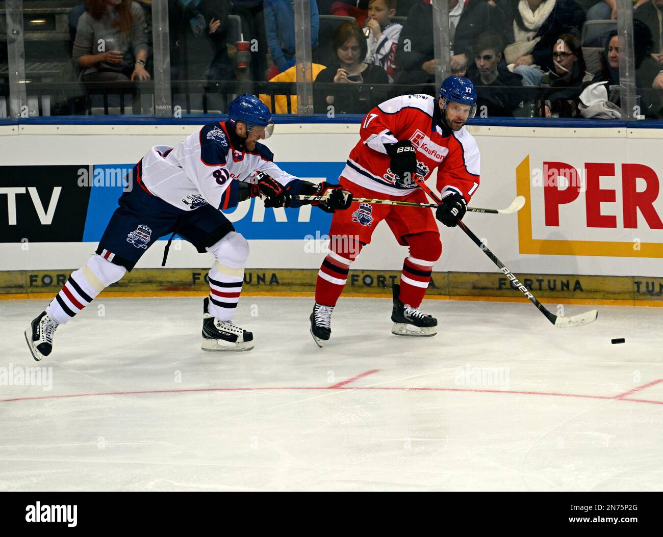 Prague, Czech Republic. 10th Feb, 2023. Marian Hossa of Slovakia, left, and Jaroslav Hlinka of Czech Republic in action during the hockey match of legends Czech Republic vs Slovakia in Prague, Czech Republic, February 10, 2023. The match is part of the celebration of the 25th anniversary of the Czech team's victory at the 1998 Winter Olympic Games in Nagano. Credit: Katerina Sulova/CTK Photo/Alamy Live News Stock Photo