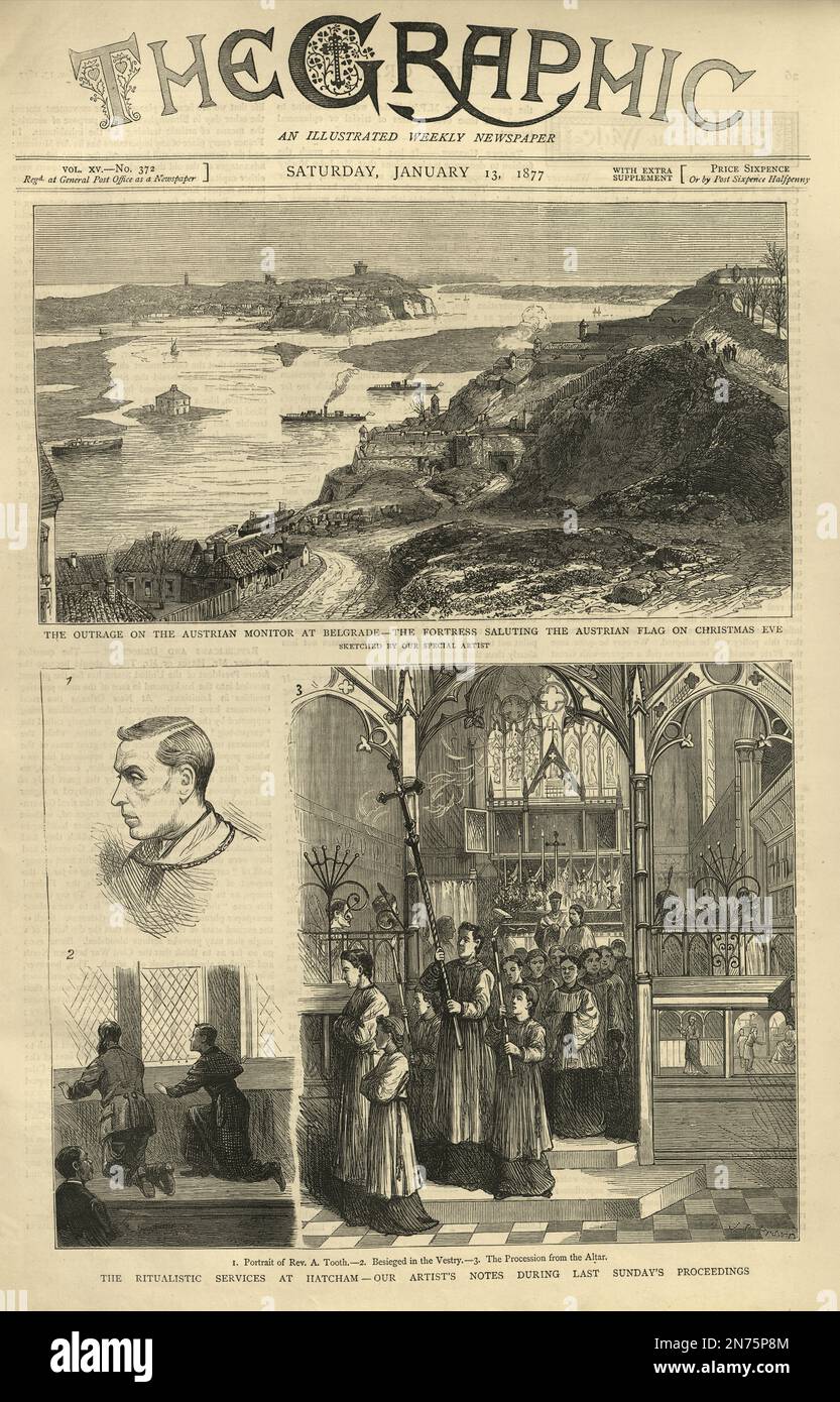 Old Victorian newspaper page, Arthur Tooth and ritualistic mass at Hatcham, Austrian monitor at Belgrade, 1877, 19th Century Stock Photo
