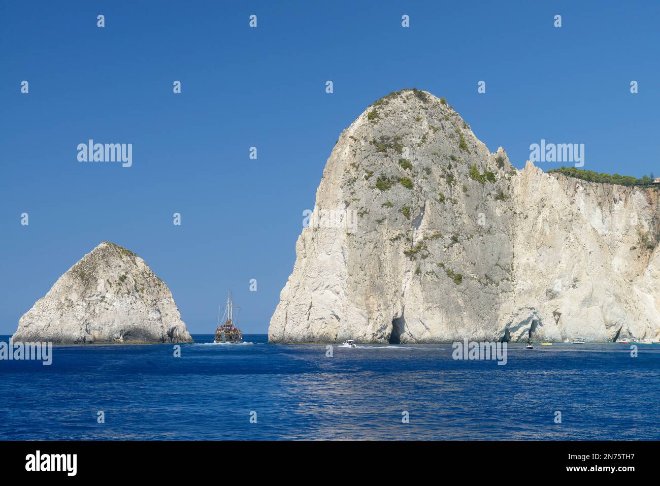 Rock formations in front of Agalas Caves, Zakynthos Island, Ionian Islands, Mediterranean Sea, Greece Stock Photo