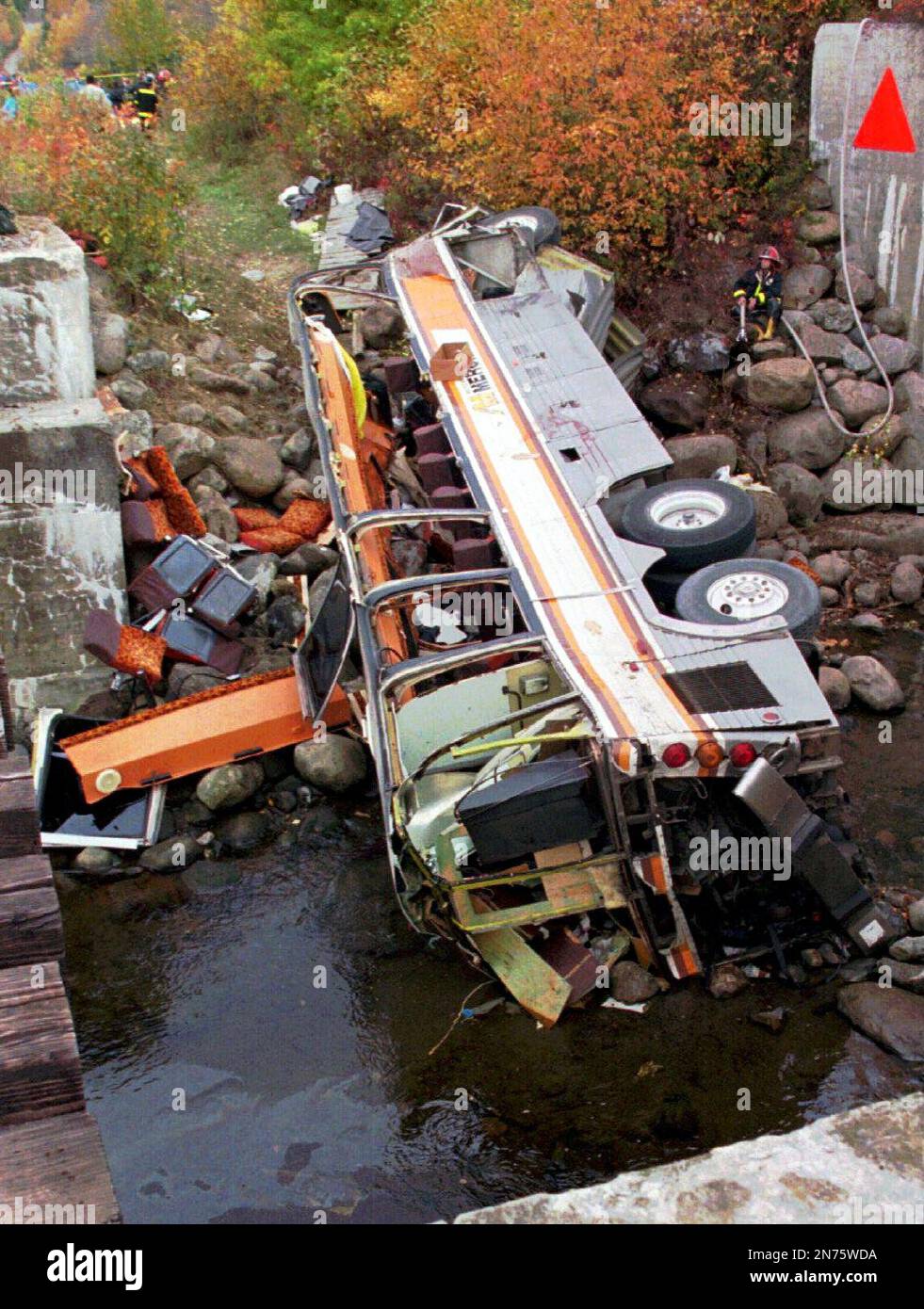 FILE This Oct. 13, 1997, file photo, shows a bus on its side after it