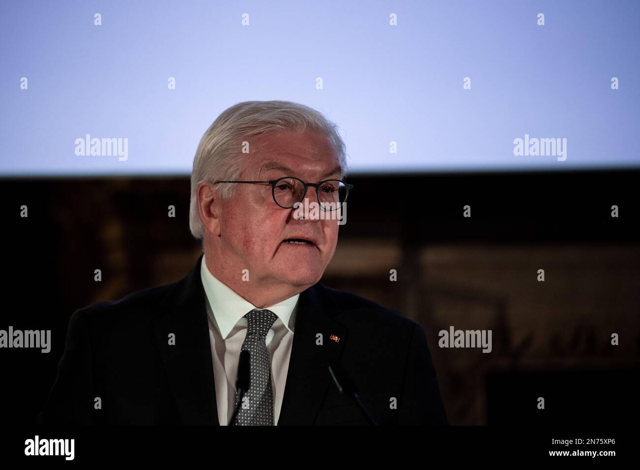 Essen, Germany. 10th Feb, 2023. German President Frank-Walter Steinmeier gives a speech during the ceremony. The celebration of the 150th 'Hügel anniversary' takes place at Villa Hügel in Essen. The highlight of the ceremony is the official opening of the transmedia real-time installation 'kontraste' by Federal President Steinmeier. Credit: Fabian Strauch/dpa/Alamy Live News Stock Photo