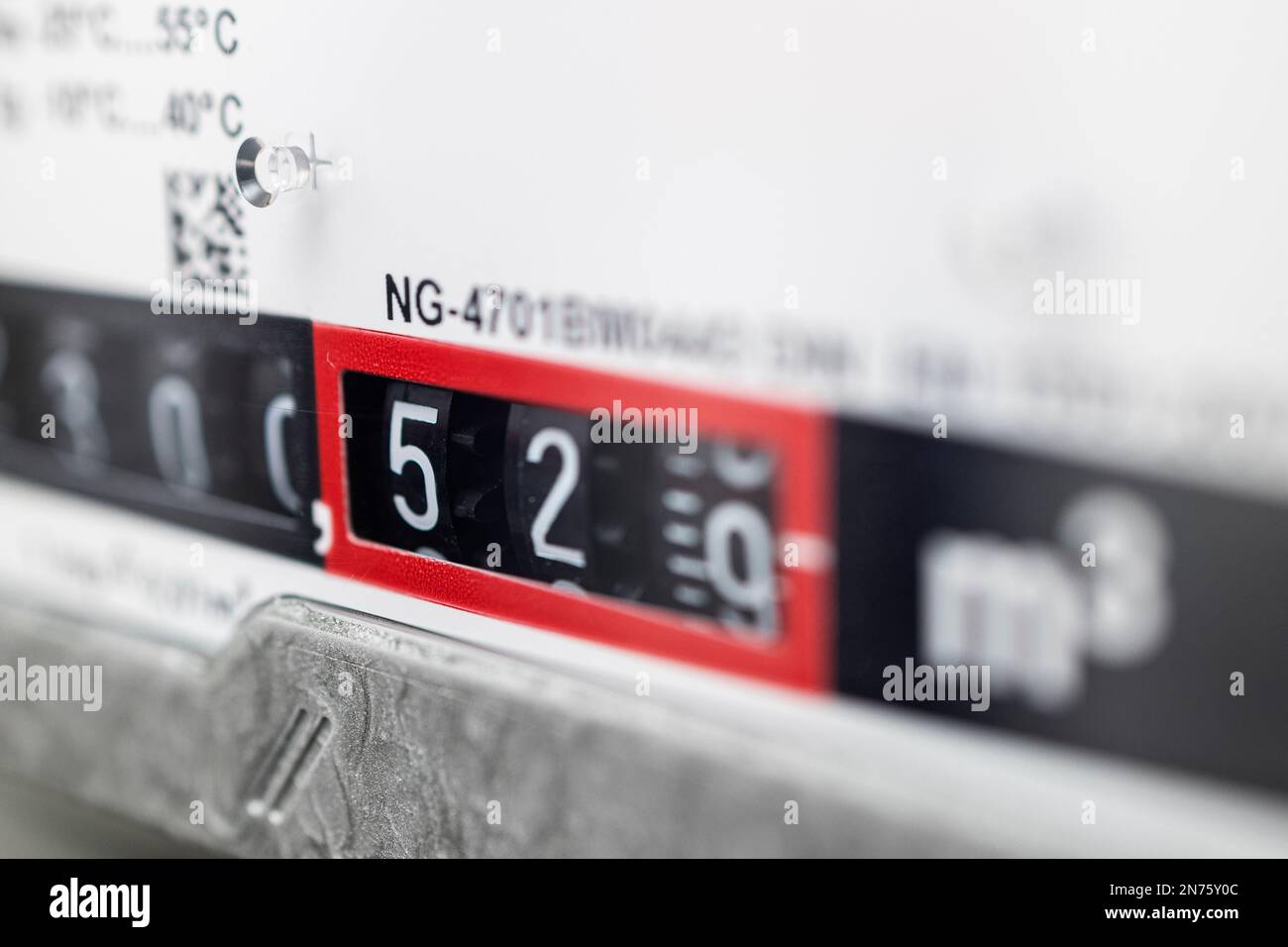 Gas meter in basement, meter reading, gas consumption, reading value, blur, detail, symbol image, energy cost, Stock Photo