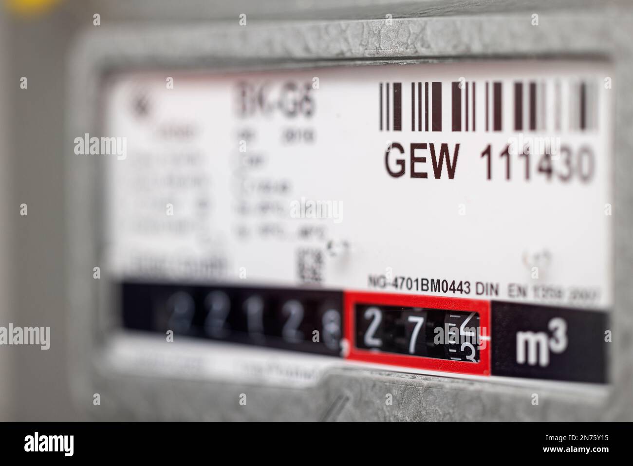 Gas meter in basement, meter reading, gas consumption, reading value, blur, detail, symbol image, energy cost, Stock Photo