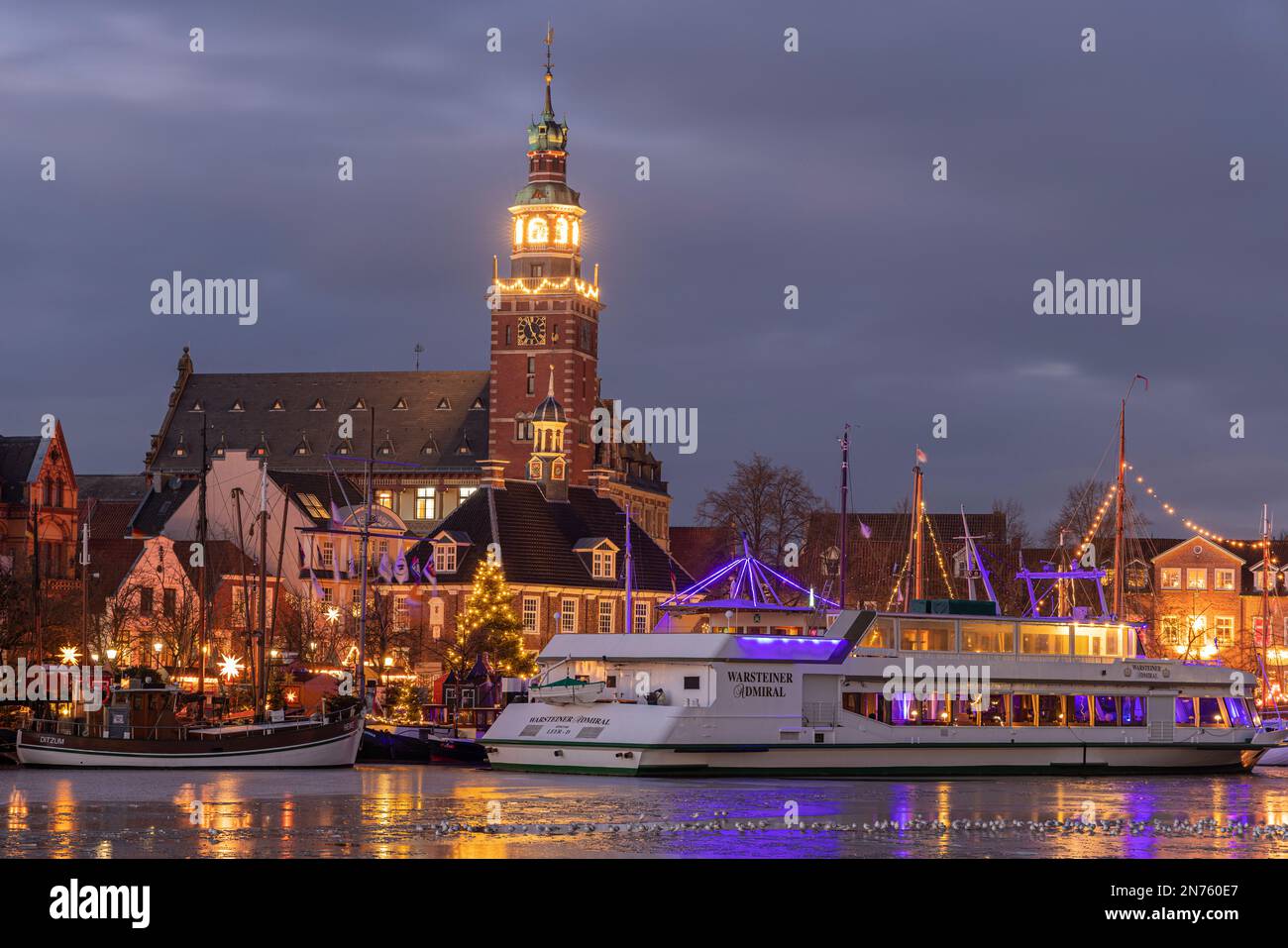 Christmas lights, harbor, museum harbor, city hall, in front of it excursion boats, ships, Leer, East Frisia, Lower Saxony, Stock Photo