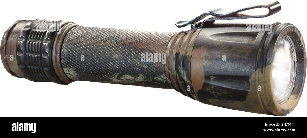 Camo pattern on a waterproof flashlight isolated on a white background Stock Photo
