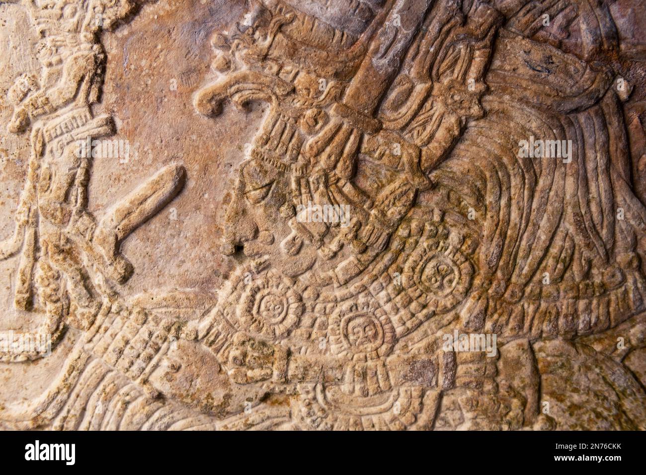 Bas relief carving of mayan ruler king in tombstone, Mexico City, Mexico. Stock Photo