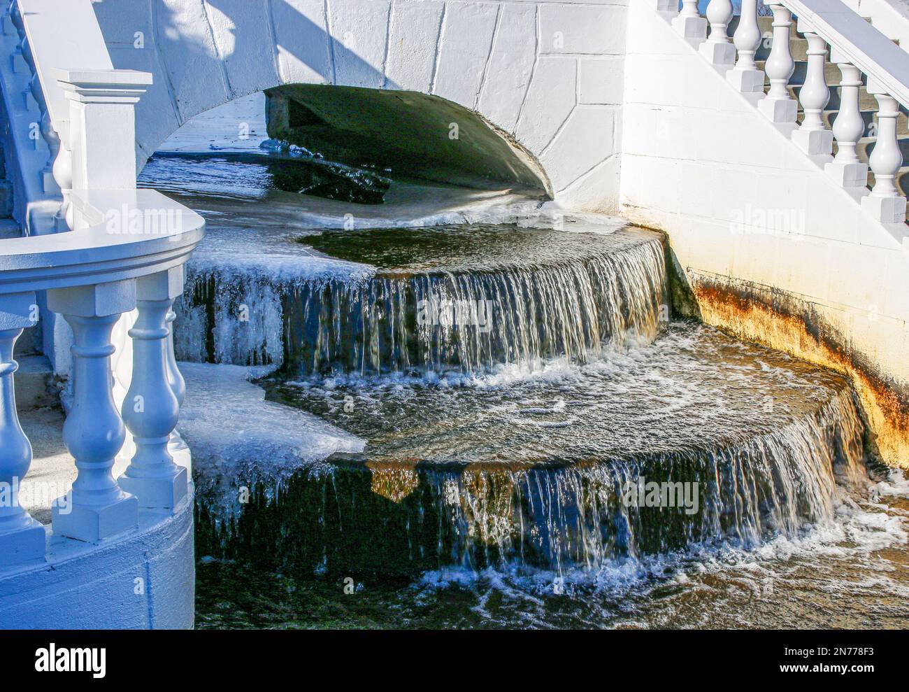 Close up of a waterfall with ice forming in it due to extreme cold weather in Fenruary 2023 on Long Island. Stock Photo