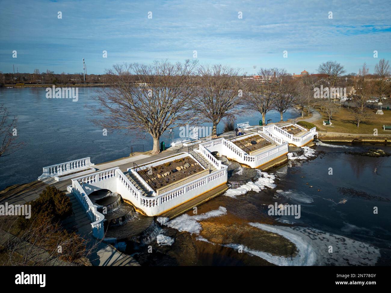 Drone view of Argyle lake and waterfalls in Babylon Long Island with