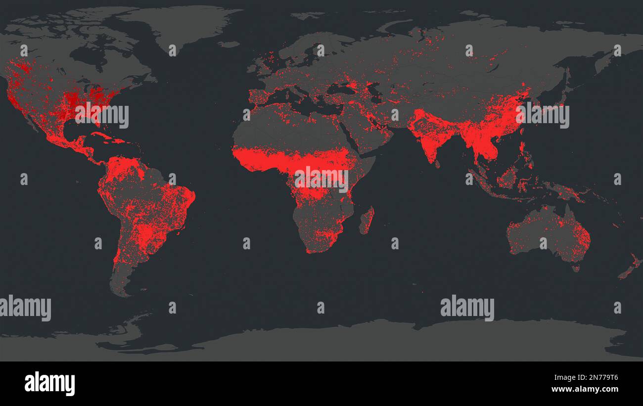 Dresden, Germany - February 2, 2023: World map of all continents showing cumulative wildfires as red dots by NASA FIRMS satellite wildfire detection s Stock Photo