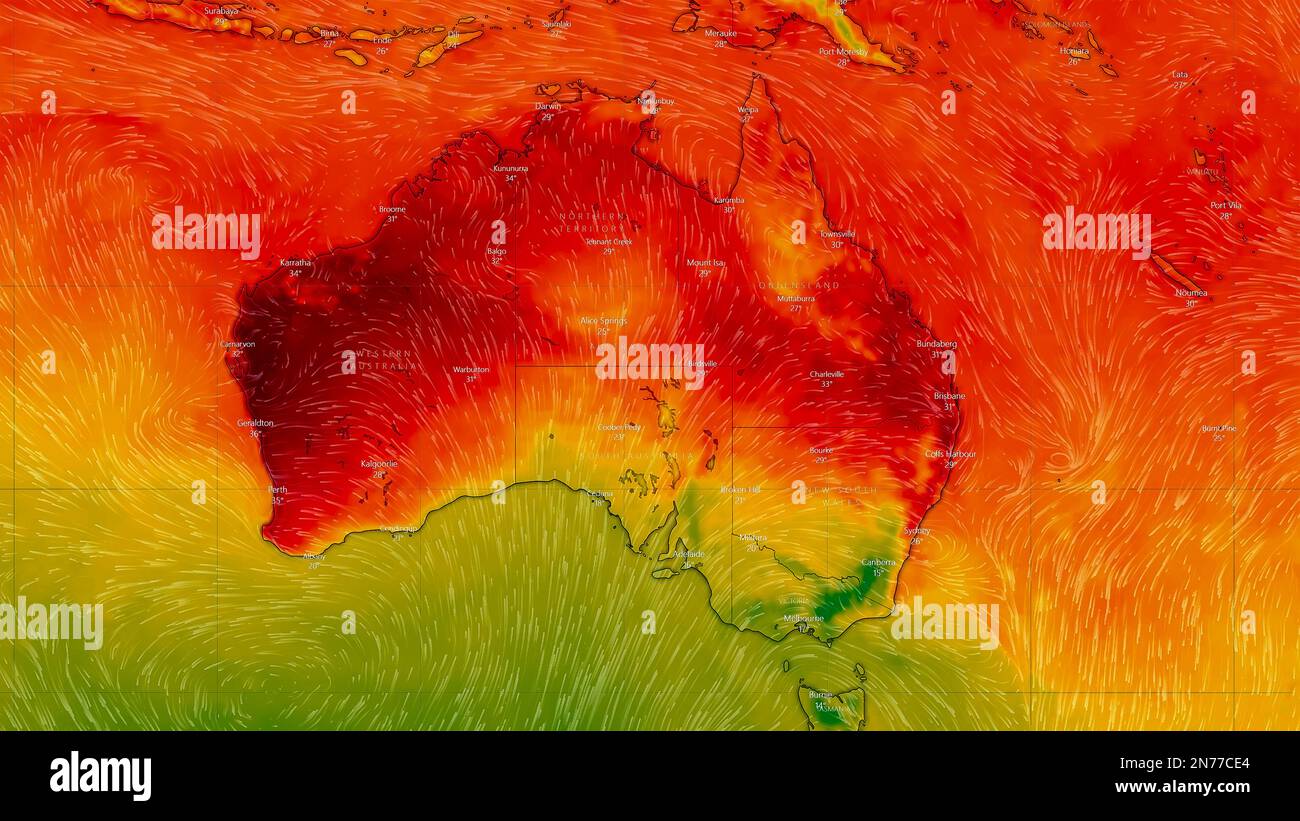 Dresden, Germany February 2, 2023 Map of Australia on Windy weather