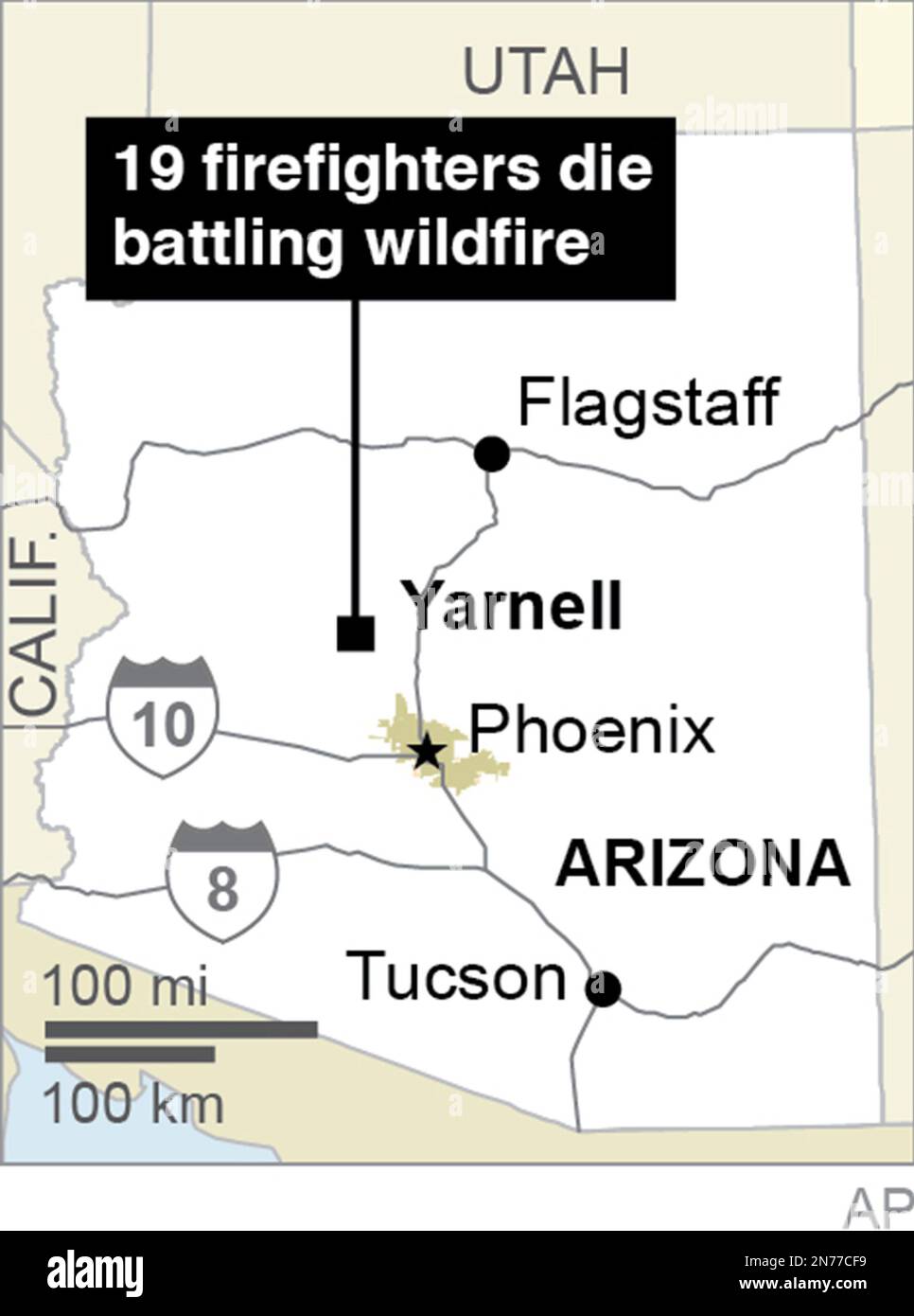 This graphic shows the location of Yarnell, Ariz., where 19
