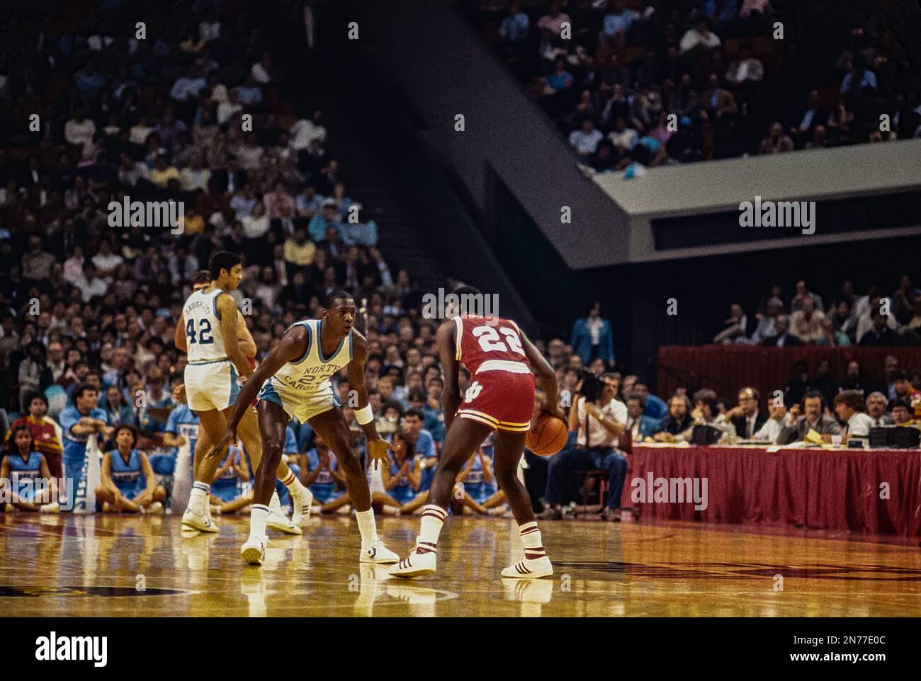 Michael Jordan (23), North Carolina, competing vs Indiana in the East Regional Semi Finals of the NCAA Basketball Championships. Stock Photo