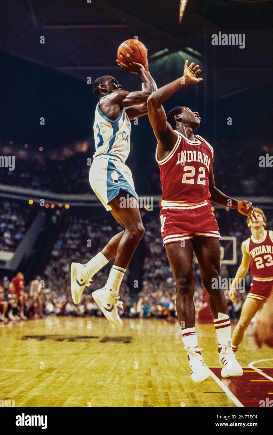 Michael Jordan (23), North Carolina, competing vs Indiana in the East Regional Semi Finals of the NCAA Basketball Championships. Stock Photo