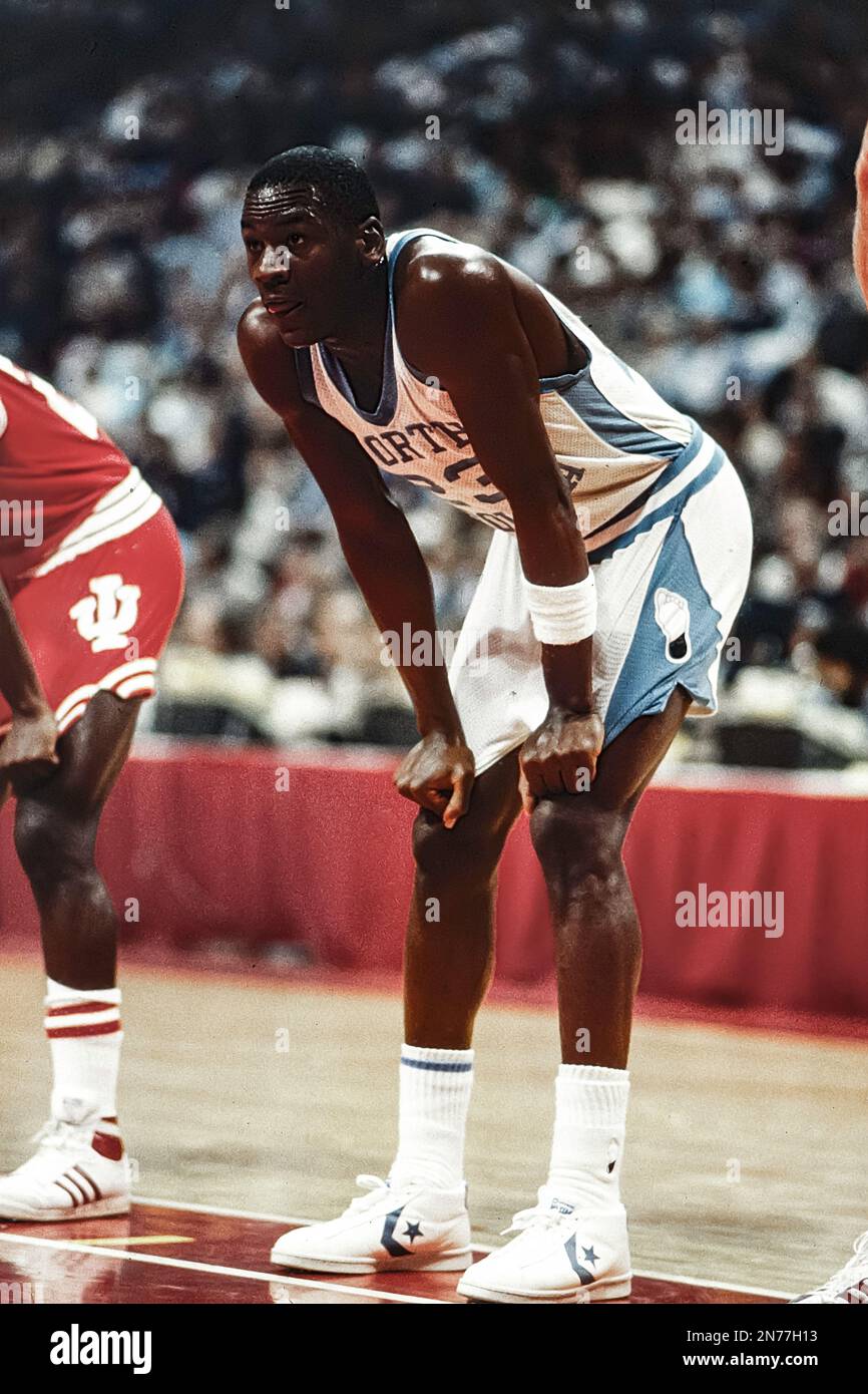 Michael Jordan (23), North Carolina, competing vs Indiana in the East Regional Semi Finals of the NCAA Basketball Championships. Stock Photo