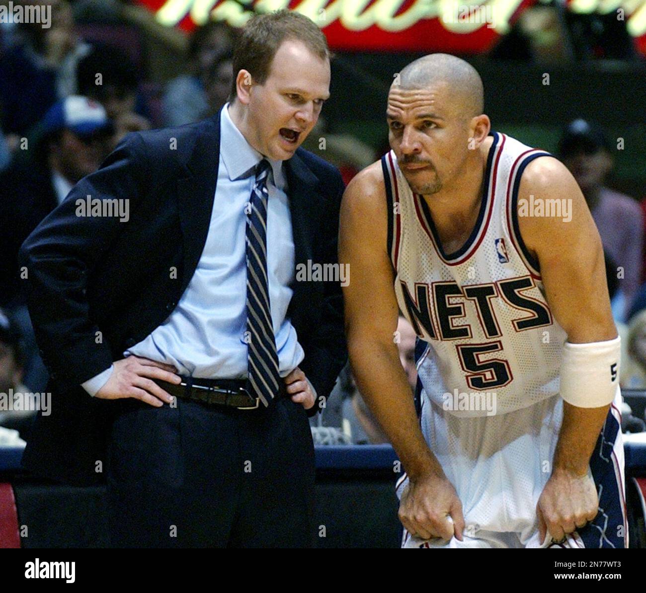 FILE - In this Feb. 5, 2005 file photo, New Jersey Nets' Jason Kidd listens  to coach Lawrence Frank during the third quarter of their 107-85 win over  the Detroit Pistons in