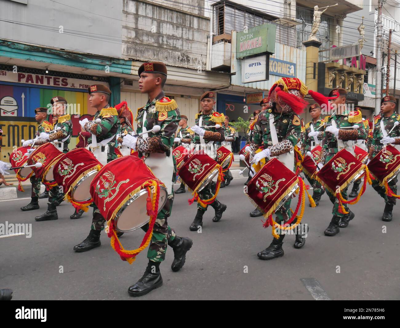 Indonesian National Armed Forces marching band parade on the main street Stock Photo