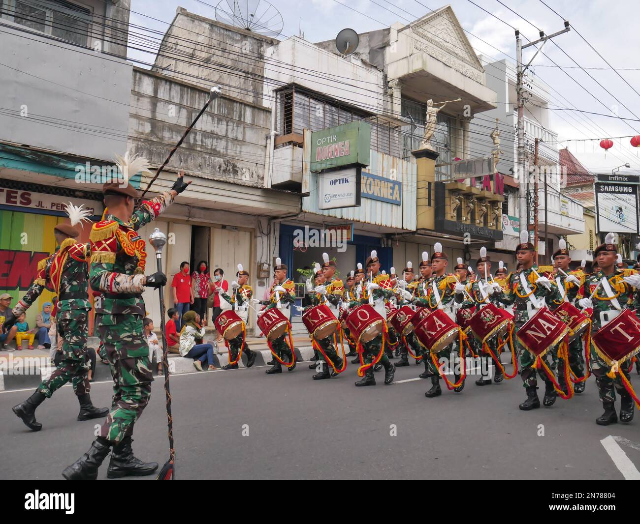 Indonesian National Armed Forces marching band parade on the main street Stock Photo