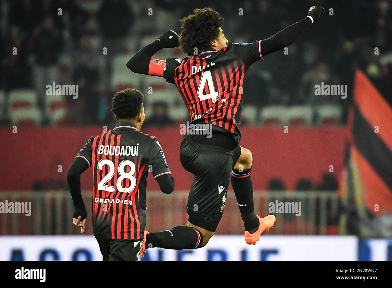 Nice, France. 10th Feb, 2023. DANTE of Nice celebrates his goal during the  French championship Ligue 1 football match between OGC Nice and AC Ajaccio  on February 10, 2023 at Allianz Riviera