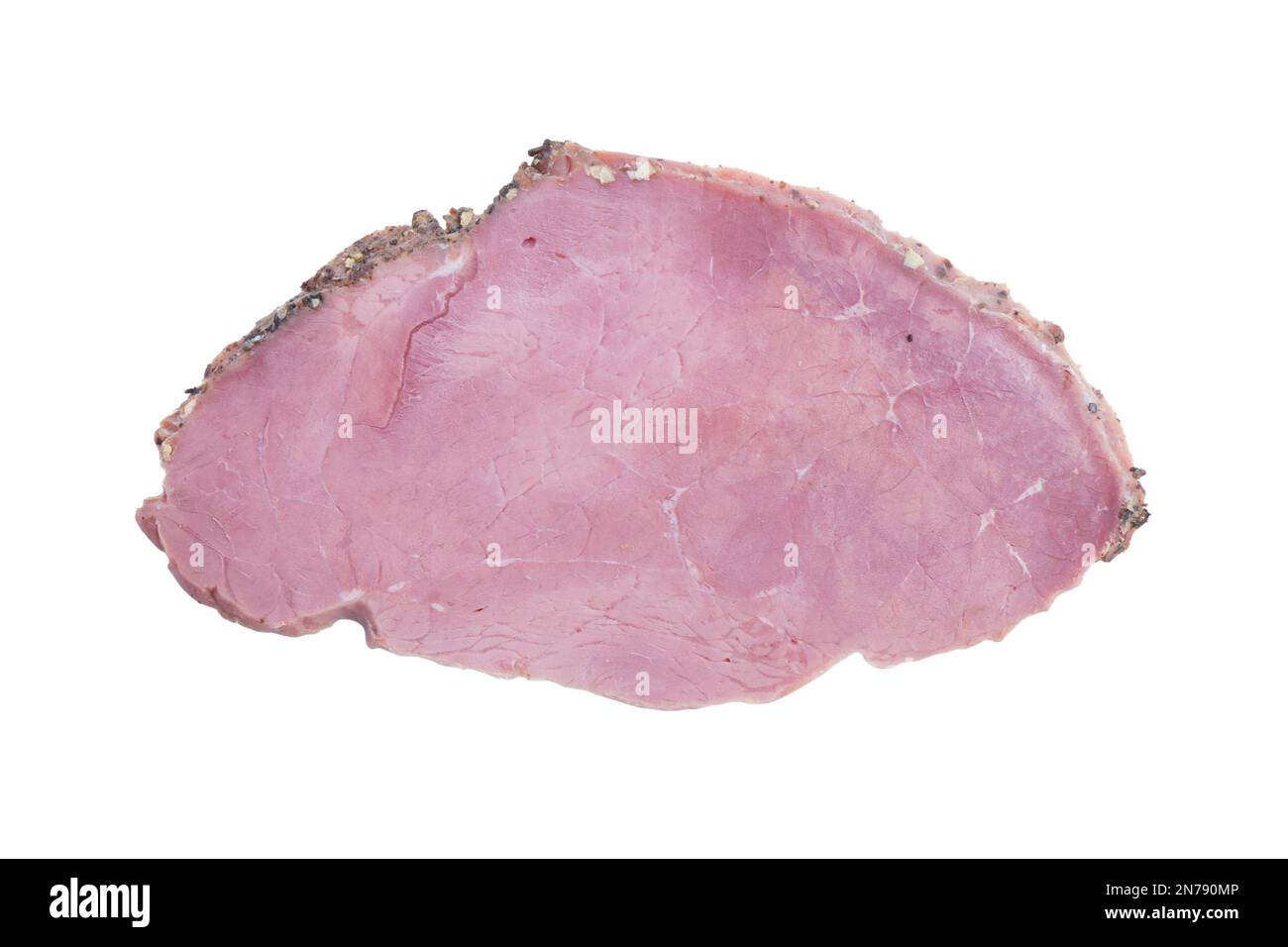 Front view of sliced smoked ham meat isolated on white background. Raw ...