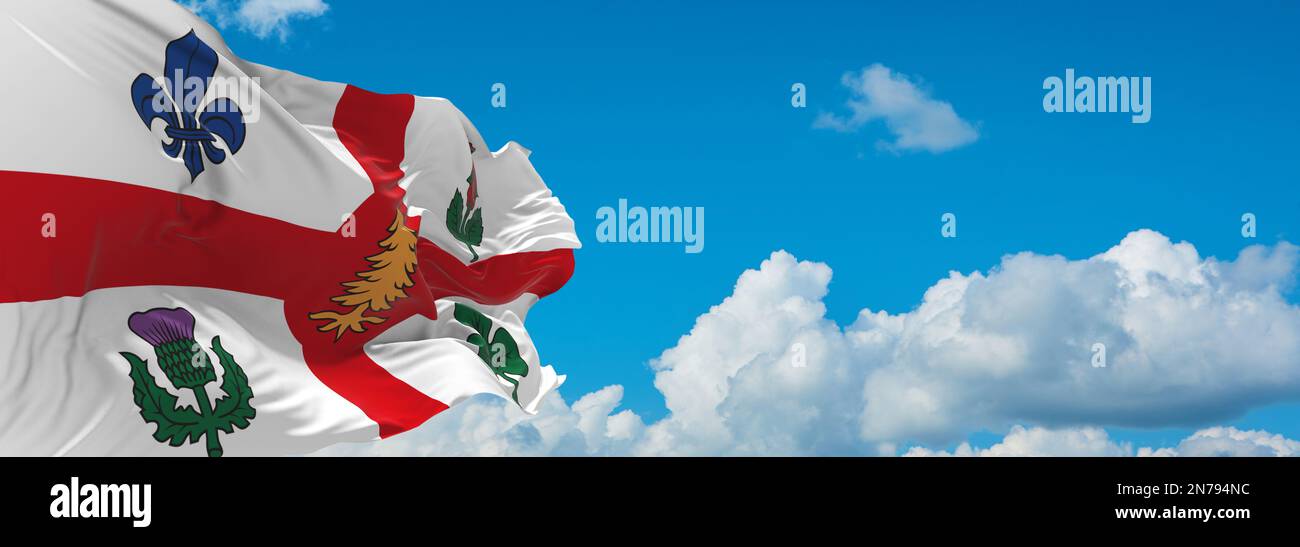 official flag of Montreal, Quebec Canada at cloudy sky background on sunset, panoramic view. Canadian travel and patriot concept. copy space for wide Stock Photo