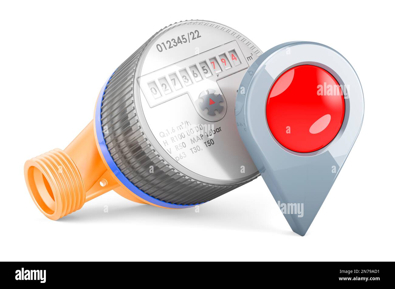 Water Meter Map Water meter with map pointer. 3D rendering isolated on white background ...