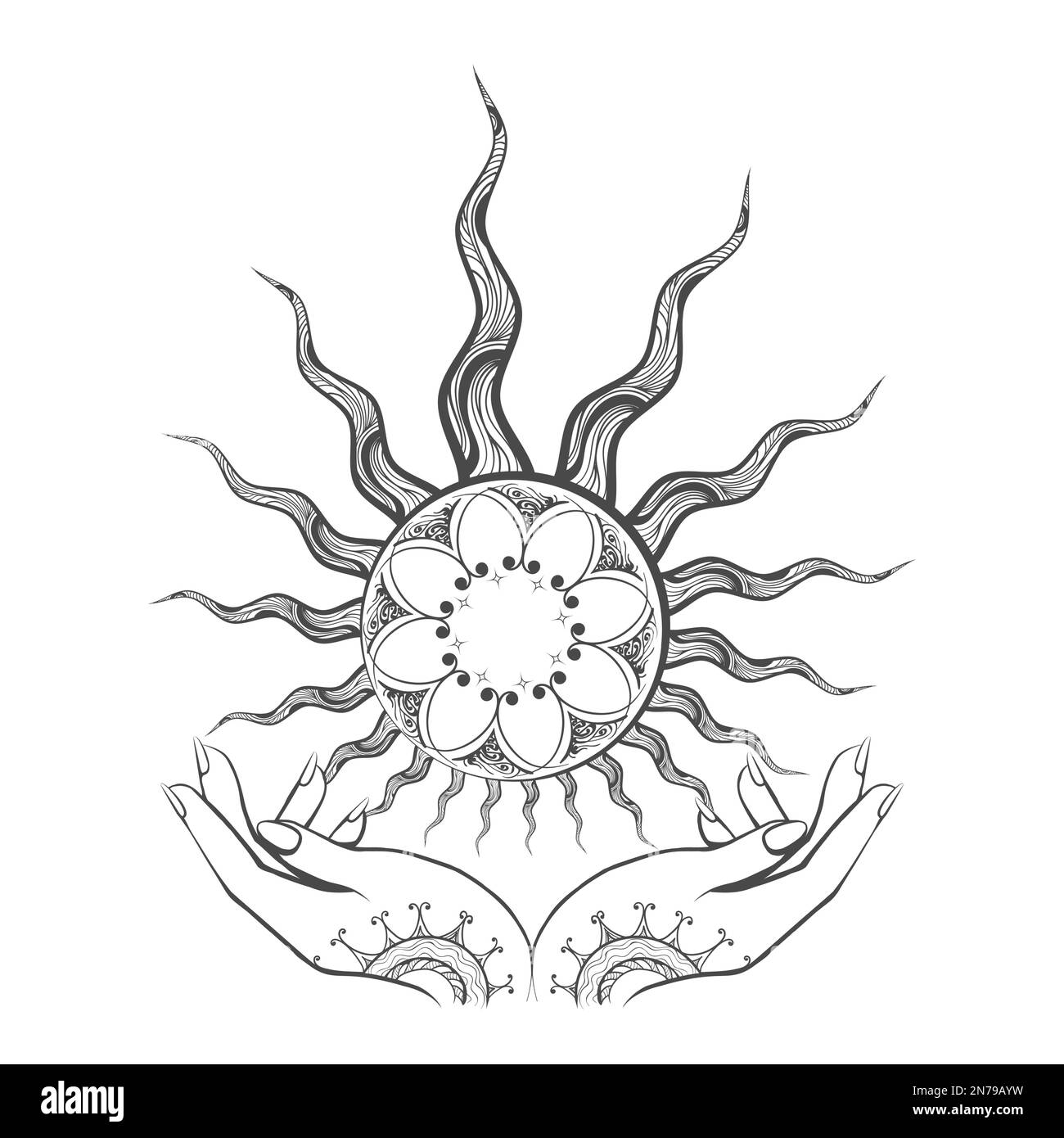 Tattoo of Female Hands holds Sun Mystic Tattoo Isolated on White. vector Illustration. Stock Vector