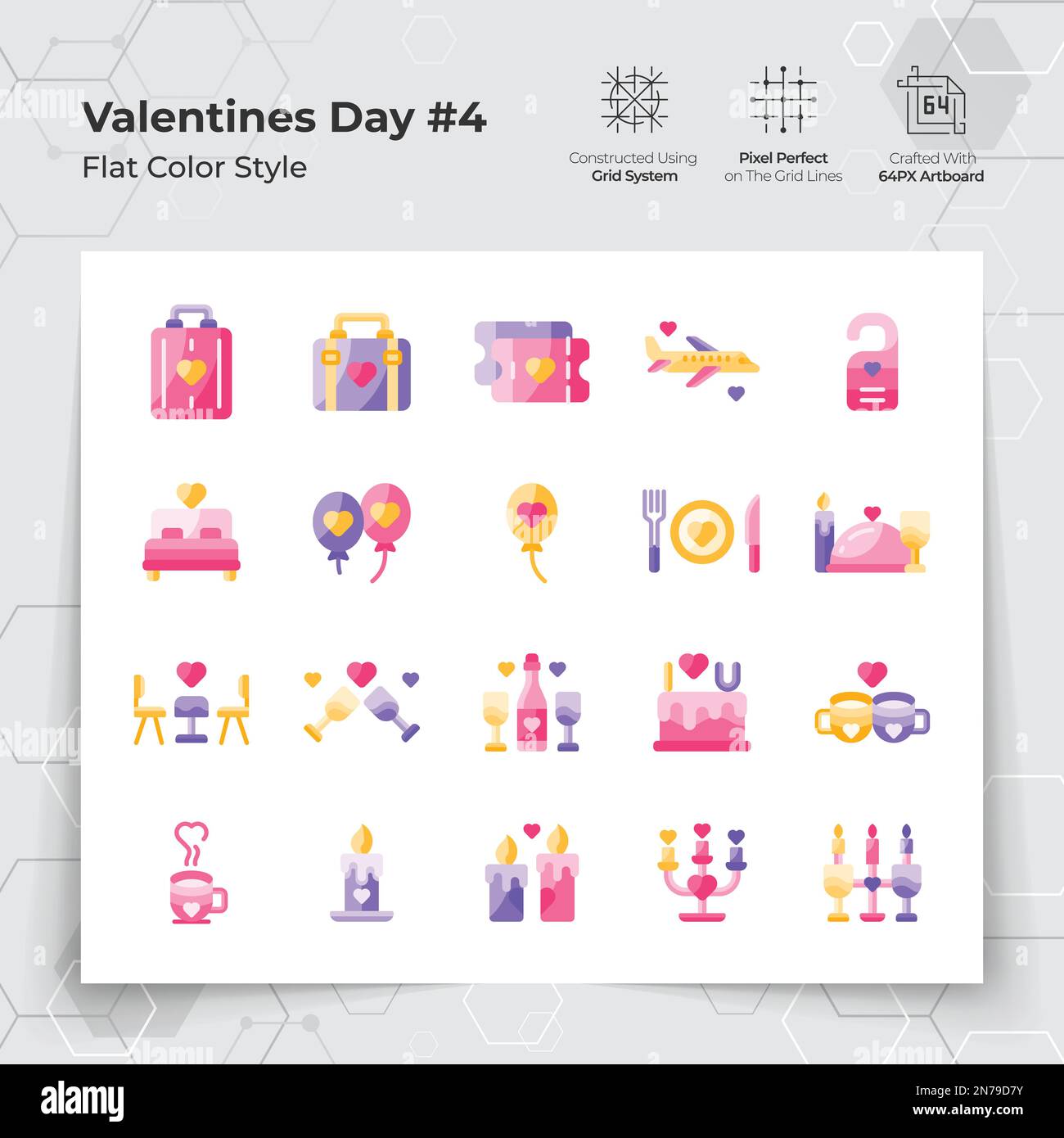 Valentine's day icons set in flat color style with holiday traveling and dinner themed. A Collection of love and romance vector symbols for Valentine' Stock Vector