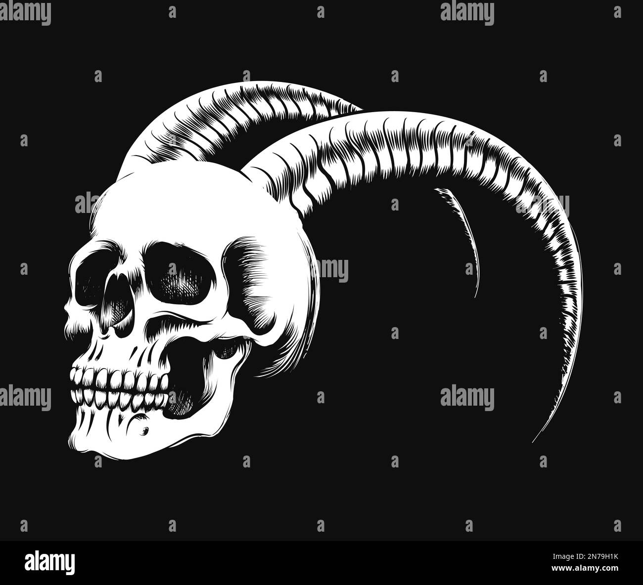 Skull with Ram Horns Isolated on Black Background. Vector illustration. Stock Vector
