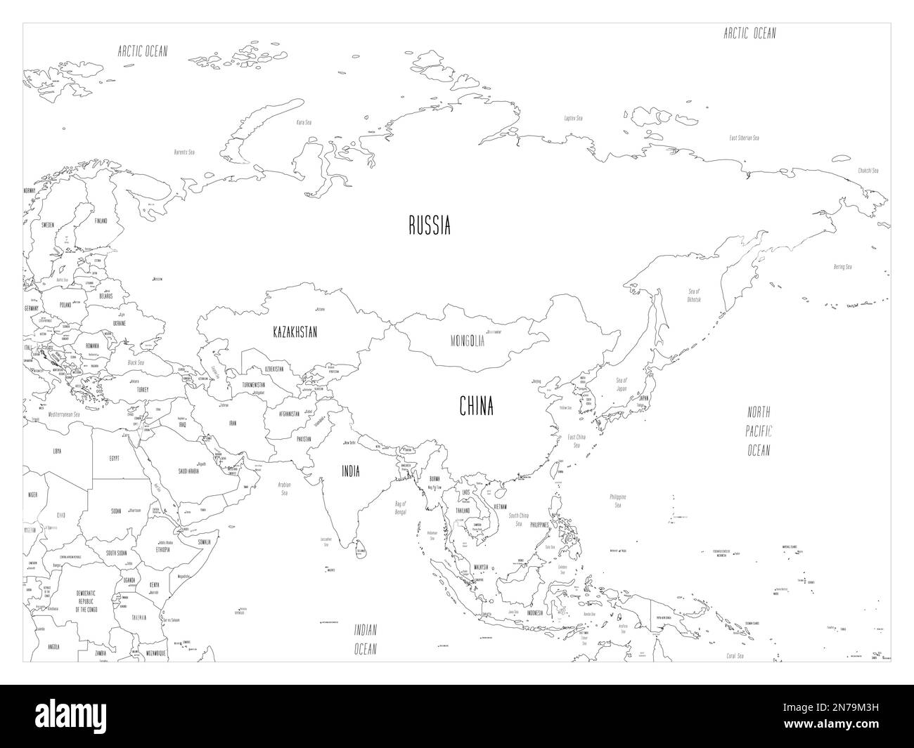 Political map of Asia. Black outline handdrawn cartoon style illustrated map with bathymetry