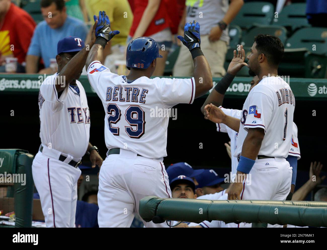 Texas Rangers manager Ron Washington, front right, greets Adrian