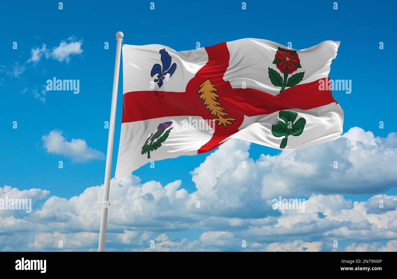 official flag of Montreal, Quebec Canada at cloudy sky background on sunset, panoramic view. Canadian travel and patriot concept. copy space for wide Stock Photo