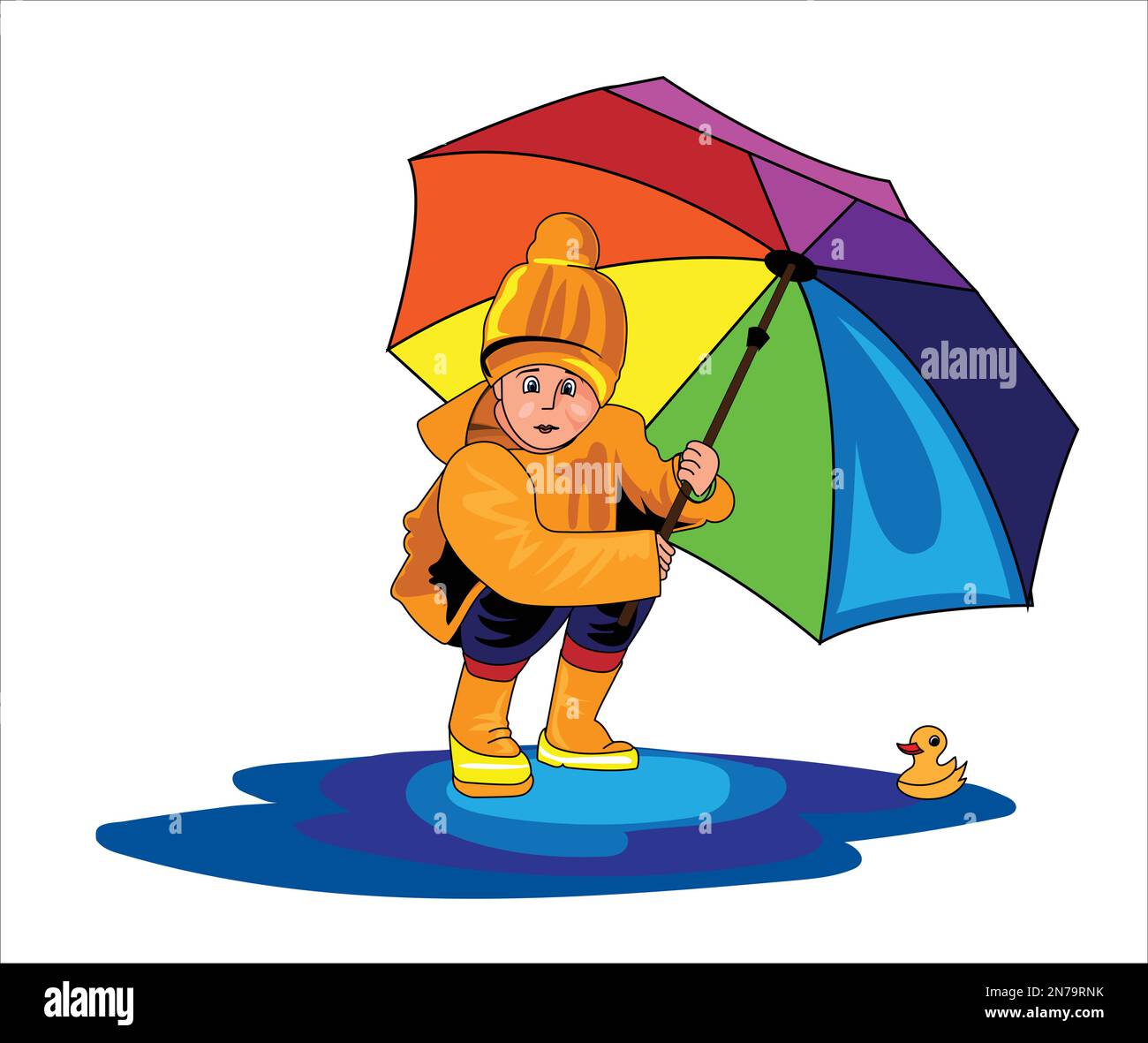 Little toddler boy in a raincoat and rubber boots vector illustration