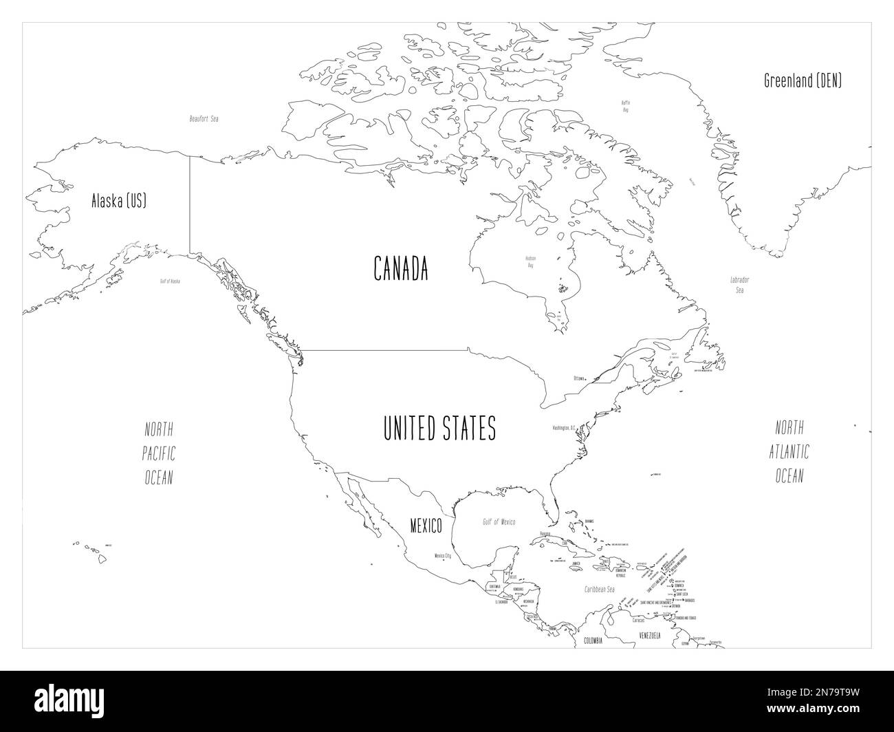 Political map of North America. Black outline hand-drawn cartoon style illustrated map with bathymetry. Handwritten labels of country, capital city, sea and ocean names. Simple flat vector map. Stock Vector