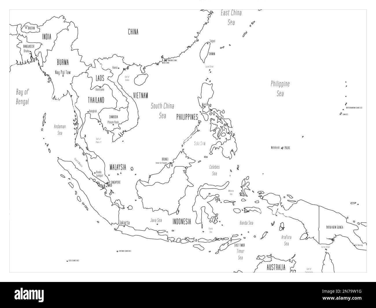 Political map of Southeast Asia. Black outline hand-drawn cartoon style illustrated map with bathymetry. Handwritten labels of country, capital city, sea and ocean names. Simple flat vector map. Stock Vector