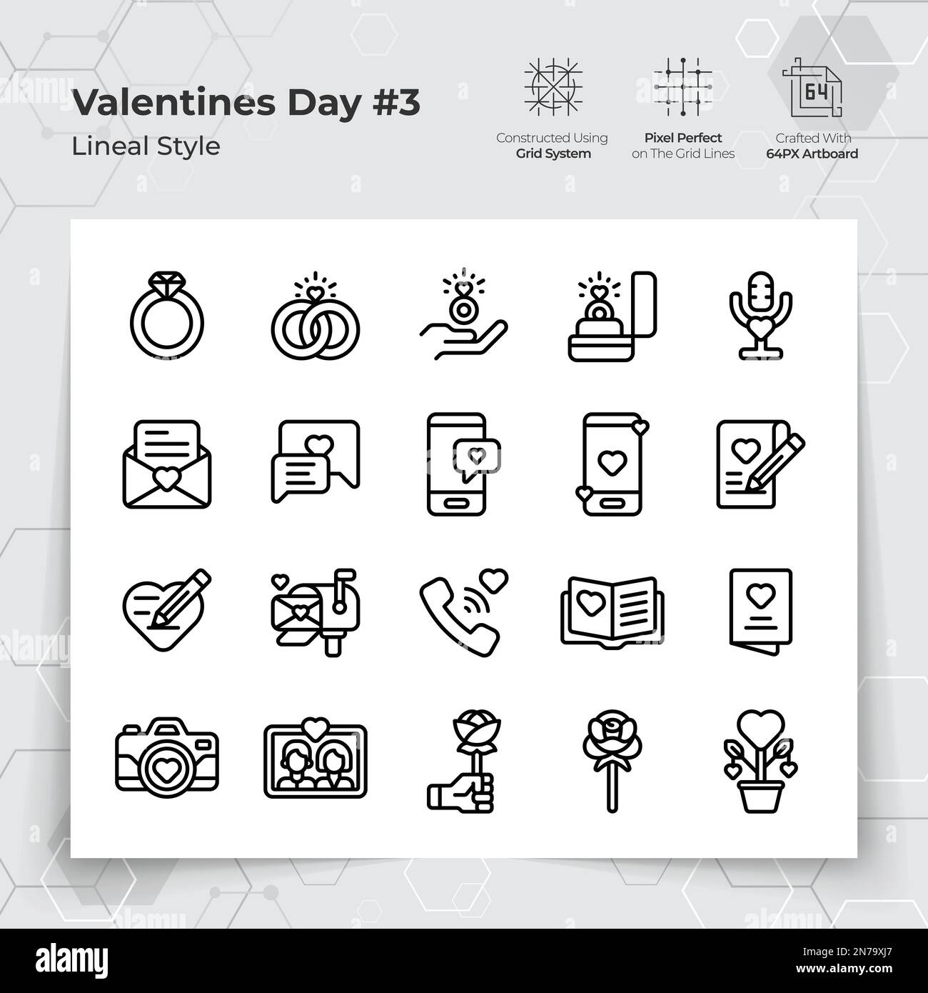 Valentine's day icons set in black line style with wedding gifts and ...