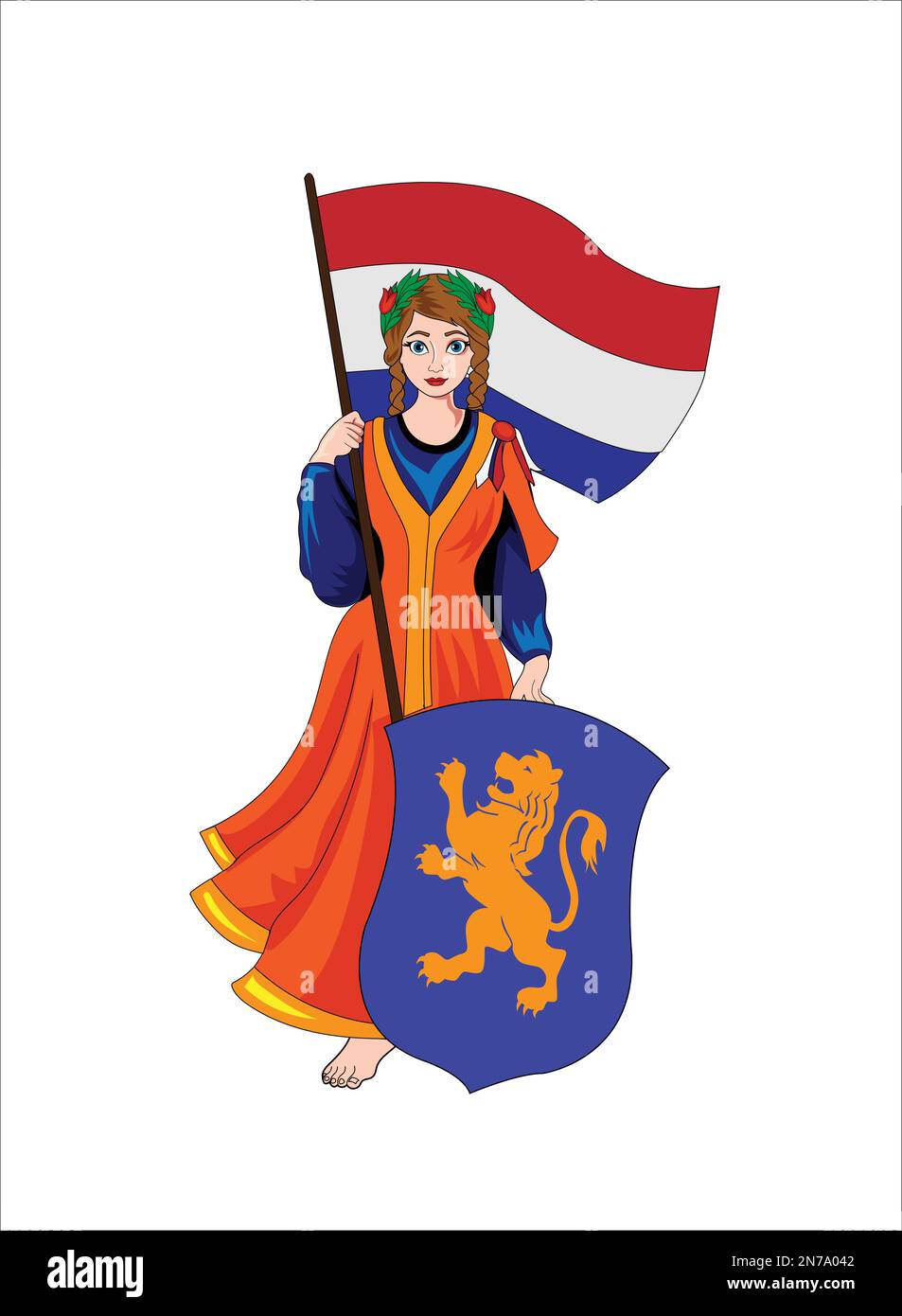 Netherland girl holding flag and shield vector illustration Stock Vector