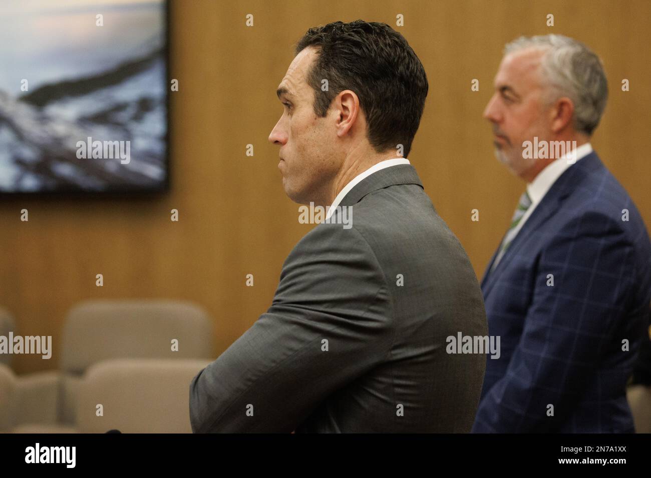 Redwood City, California, USA. 10th Feb, 2023. San Mateo County Deputy District Attorney JOSH STAUFFER, left, and Chunli Zhao's defense attorney, JONATHAN MCDOUGALL, participate in Zhao's motion hearing at the San Mateo County Hall of Justice in Redwood City, Calif. Zhao has been charged with seven counts of murder and one count of attempted murder for the mass shooting on Jan. 23, in Half Moon Bay. (Credit Image: © Dai Sugano-POOL via ZUMA Press Wire) EDITORIAL USAGE ONLY! Not for Commercial USAGE! Credit: ZUMA Press, Inc./Alamy Live News Stock Photo