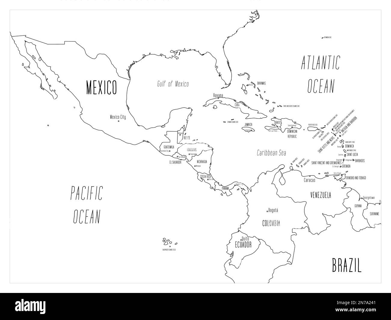 Political map of Central America and Caribbean. Black outline hand-drawn cartoon style illustrated map with bathymetry. Handwritten labels of country, capital city, sea and ocean names. Simple flat vector map. Stock Vector