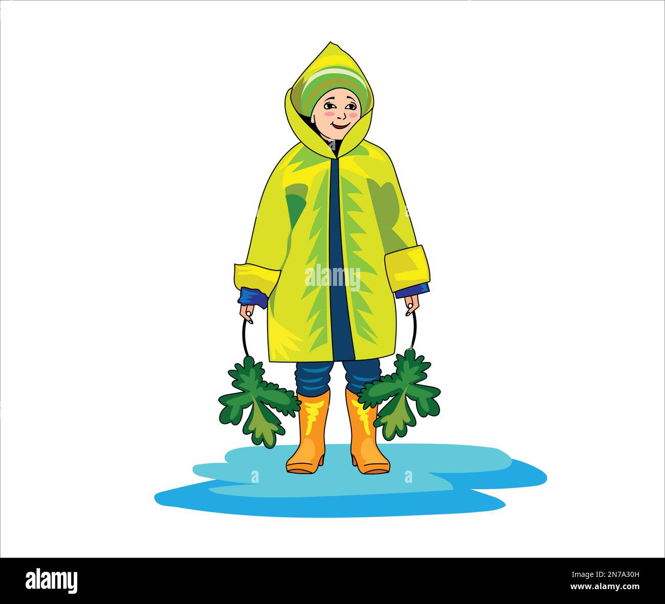 Little toddler boy in a raincoat and rubber boots vector illustration