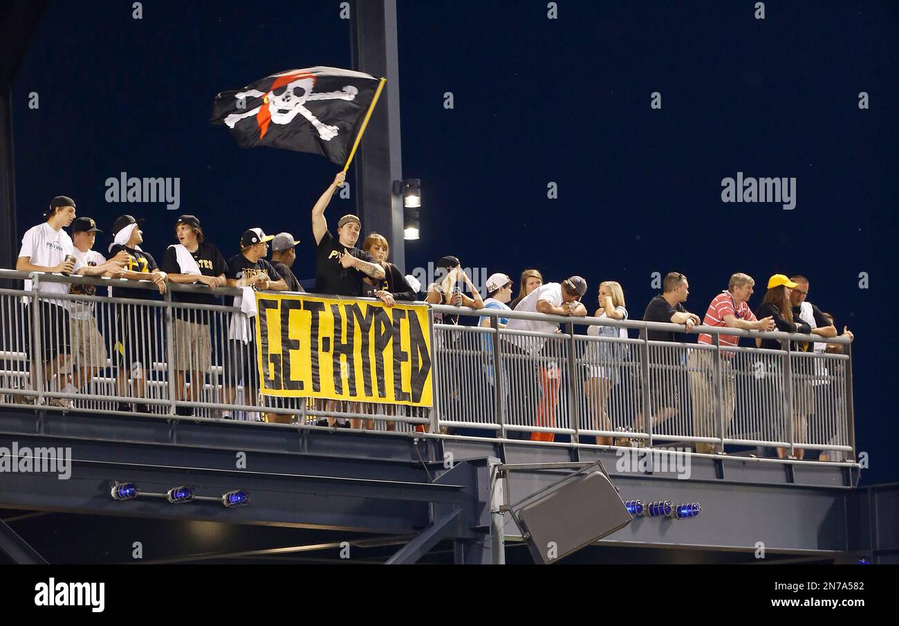 Pittsburgh Pirates mascot waves the pirate's flag, the Jolly Rogers  following the Pirates 7-0 win against the Houston Astros at PNC Park in  Pittsburgh on April 13, 2009. .(UPI Photo/Archie Carpenter Stock