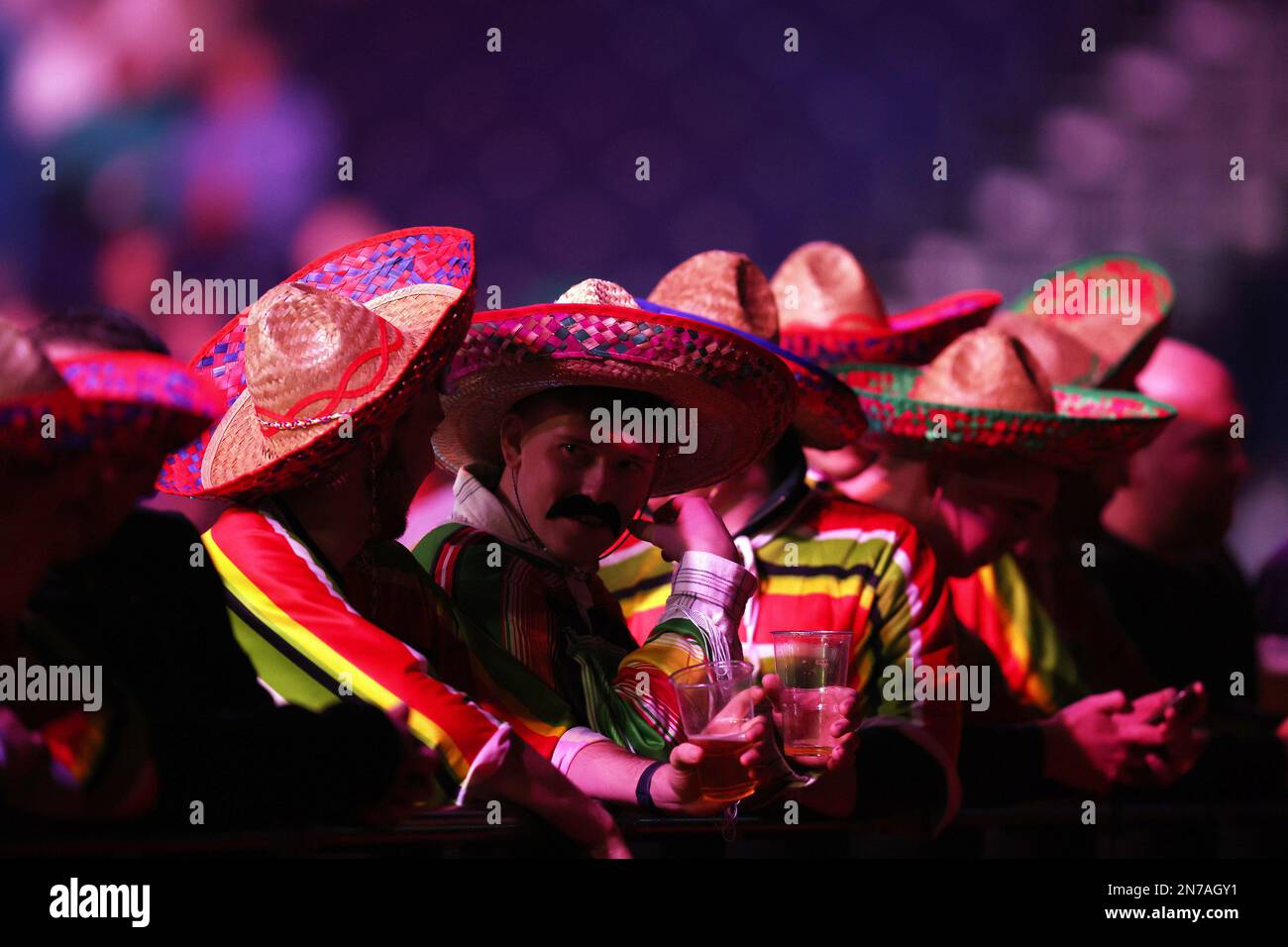 Darts fans.Cazoo Premier League Darts, night two at the Cardiff International Arena in Cardiff, South Wales on Thursday 9th February 2023. pic by Andrew Orchard/Andrew Orchard sports photography/Alamy Live news Stock Photo