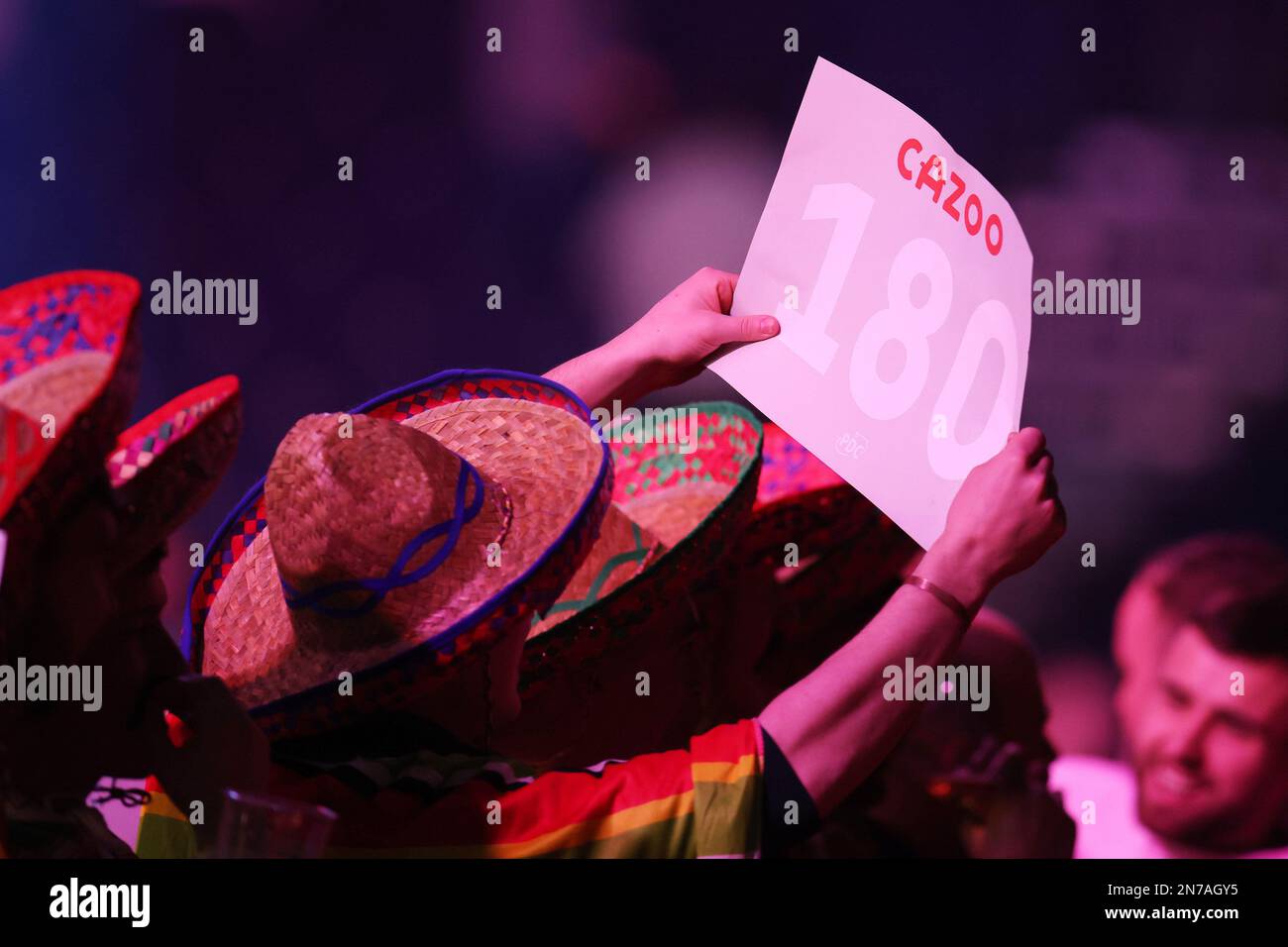 Darts fans.Cazoo Premier League Darts, night two at the Cardiff International Arena in Cardiff, South Wales on Thursday 9th February 2023. pic by Andrew Orchard/Andrew Orchard sports photography/Alamy Live news Stock Photo