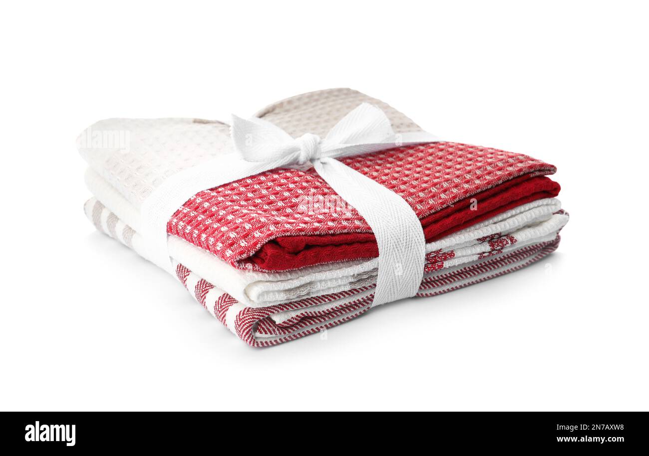 Stack of clean kitchen towels isolated on white Stock Photo Alamy
