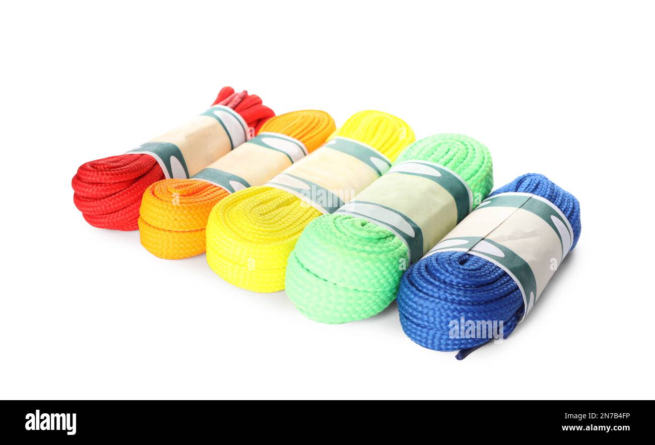 Packed colorful shoe laces on white background Stock Photo - Alamy