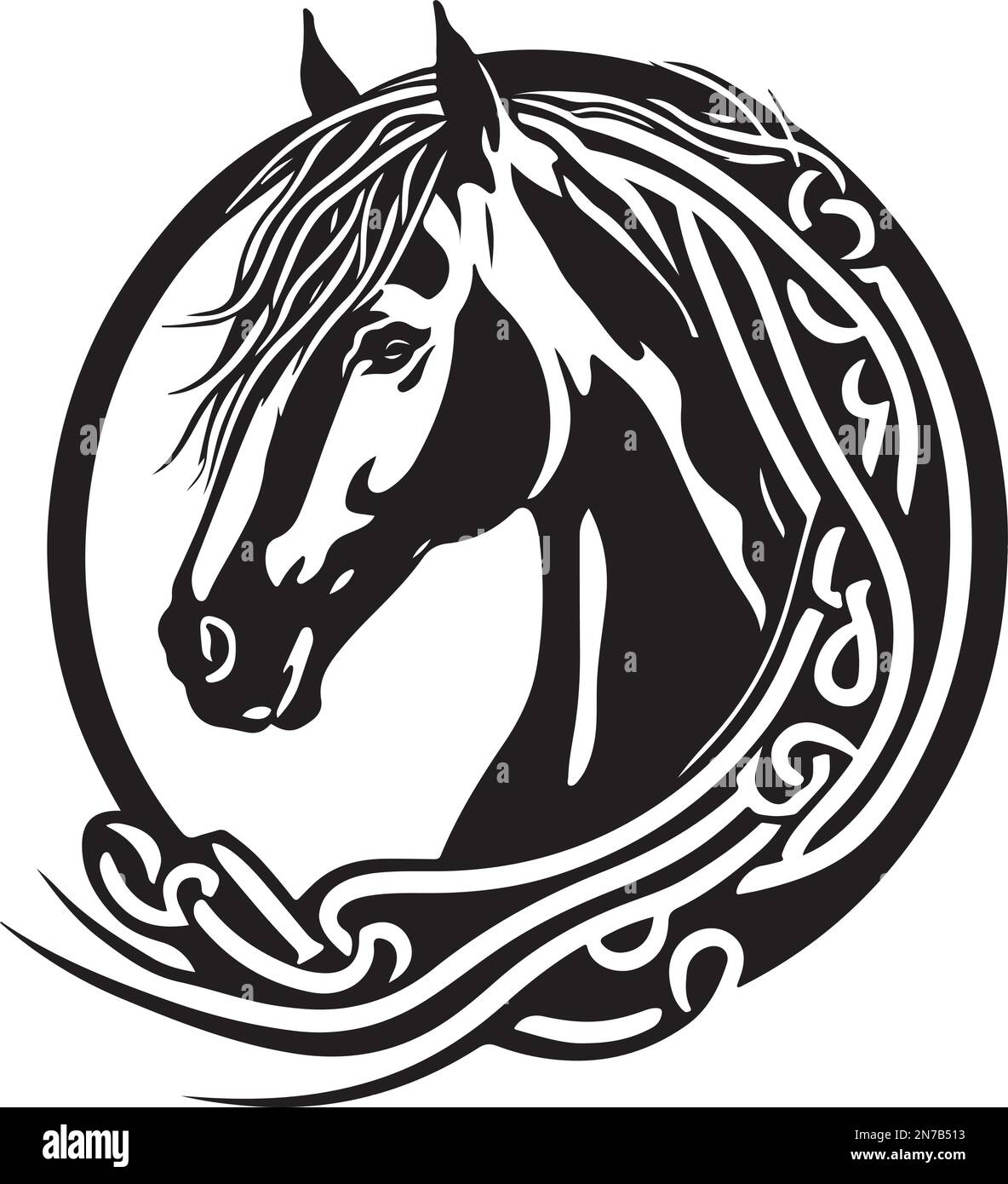 Vector silhouette of a horses head with ornament. Vector illustration