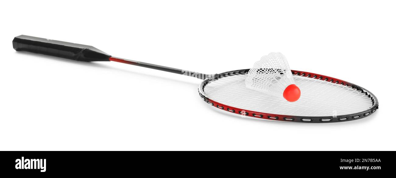 Badminton racket and shuttlecock on white background Stock Photo - Alamy
