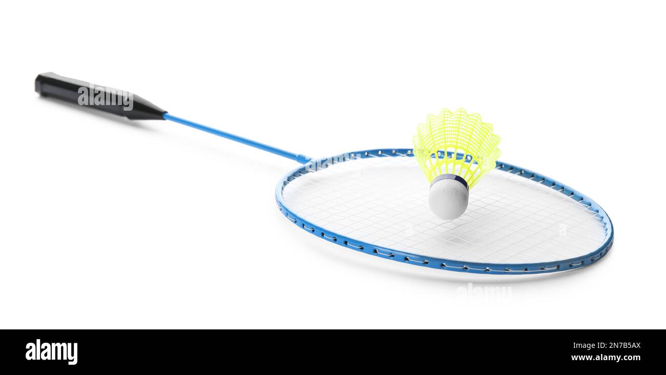Badminton racket and shuttlecock on white background Stock Photo - Alamy