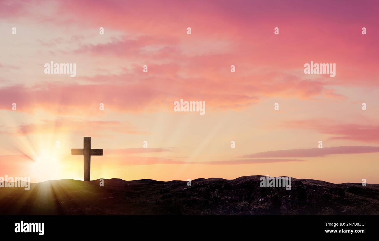 Christian cross on hill outdoors at sunrise. Resurrection of Jesus ...